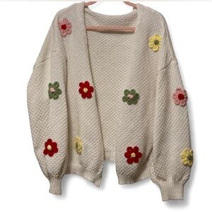 Cream Knit Flower Embroidered Open Cardigan